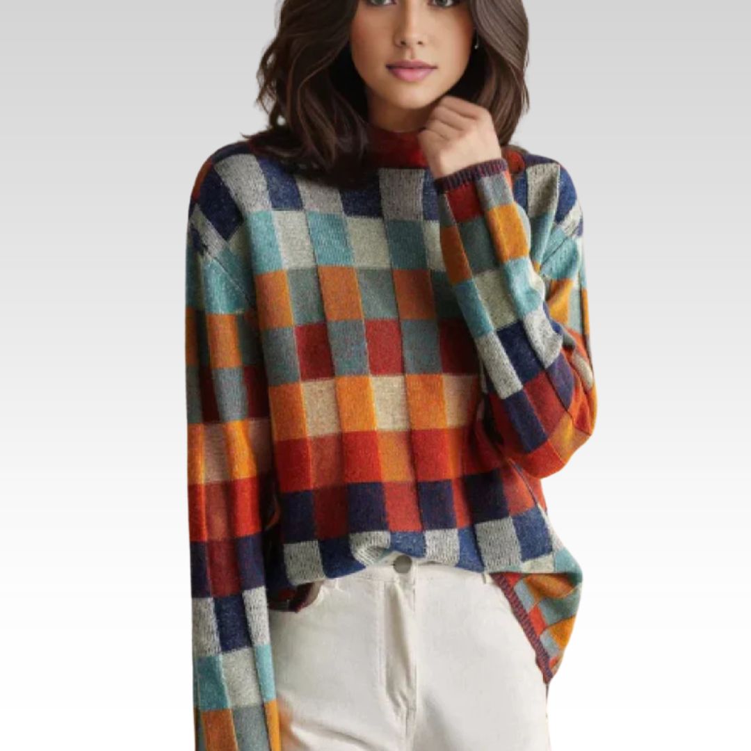 Karina | Eleganter Rollkragenpullover für Damen mit Karomuster und langen Ärmeln