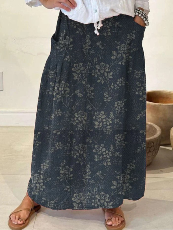 Damen Vintage Floral Rock mit elastischem Bund und Taschen