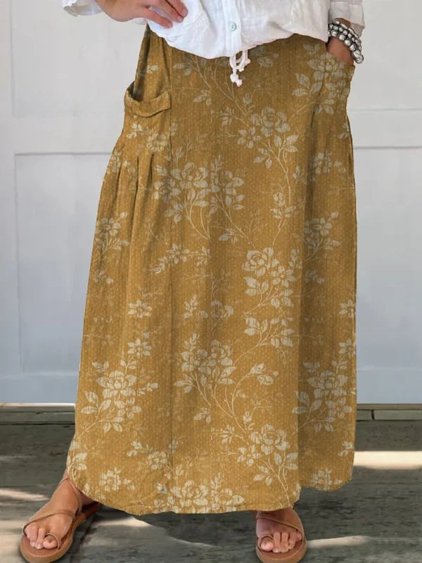 Damen Vintage Floral Rock mit elastischem Bund und Taschen