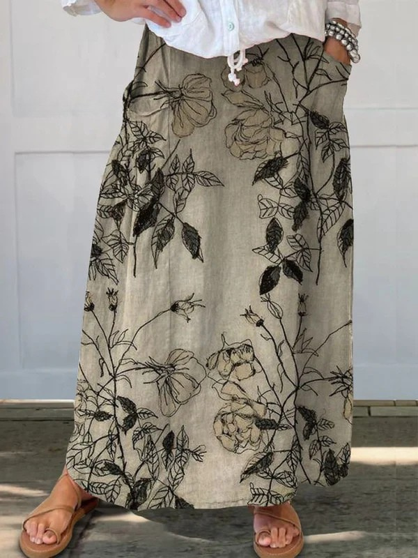 Damen Retro Blumen Kunst Elastischer Bund Rock mit Taschen