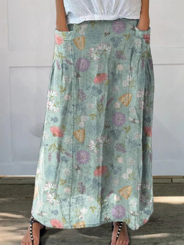 Blühendes Frühlingsblumen- und Hummel-Muster bedruckter Damen-Rock mit Taschen