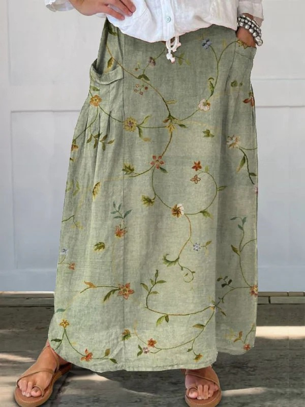 Damen Retro Blumen Kunst Elastischer Bund Rock mit Taschen