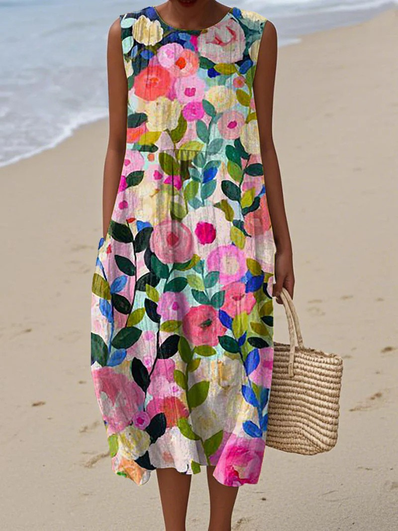Künstlerisches Strandkleid für Damen mit Blumenmuster und Rundhalsausschnitt
