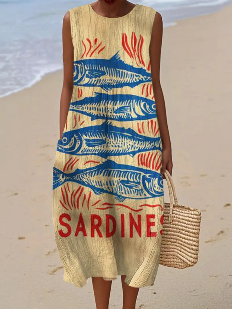 Künstlerisches Strandkleid für Damen mit Rundhalsausschnitt
