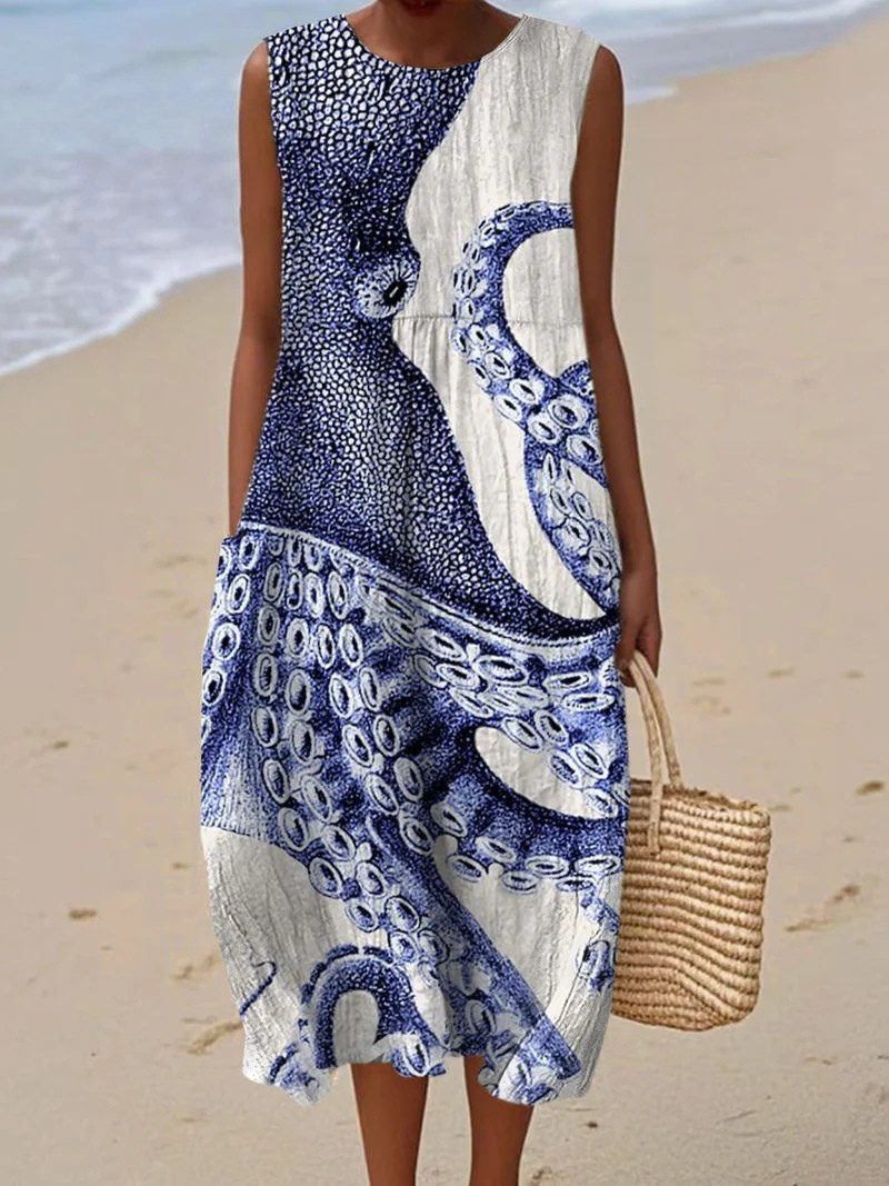 Künstlerisches Strandkleid für Damen mit Rundhalsausschnitt