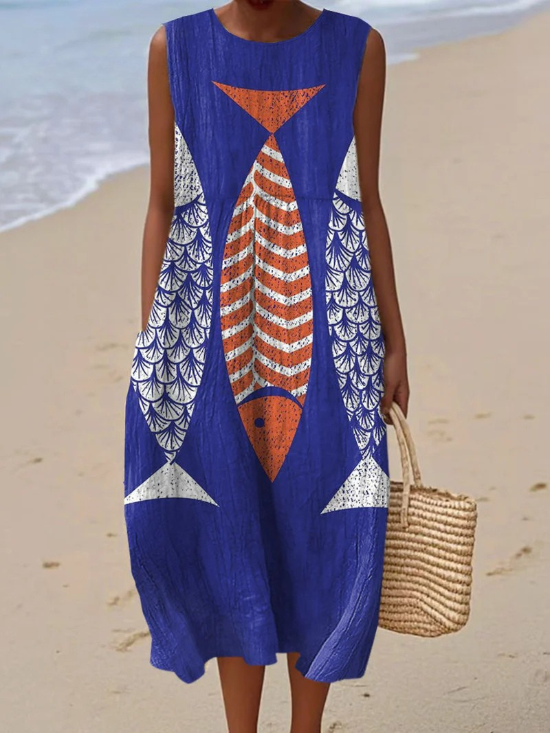 Künstlerisches Strandkleid für Damen mit Rundhalsausschnitt