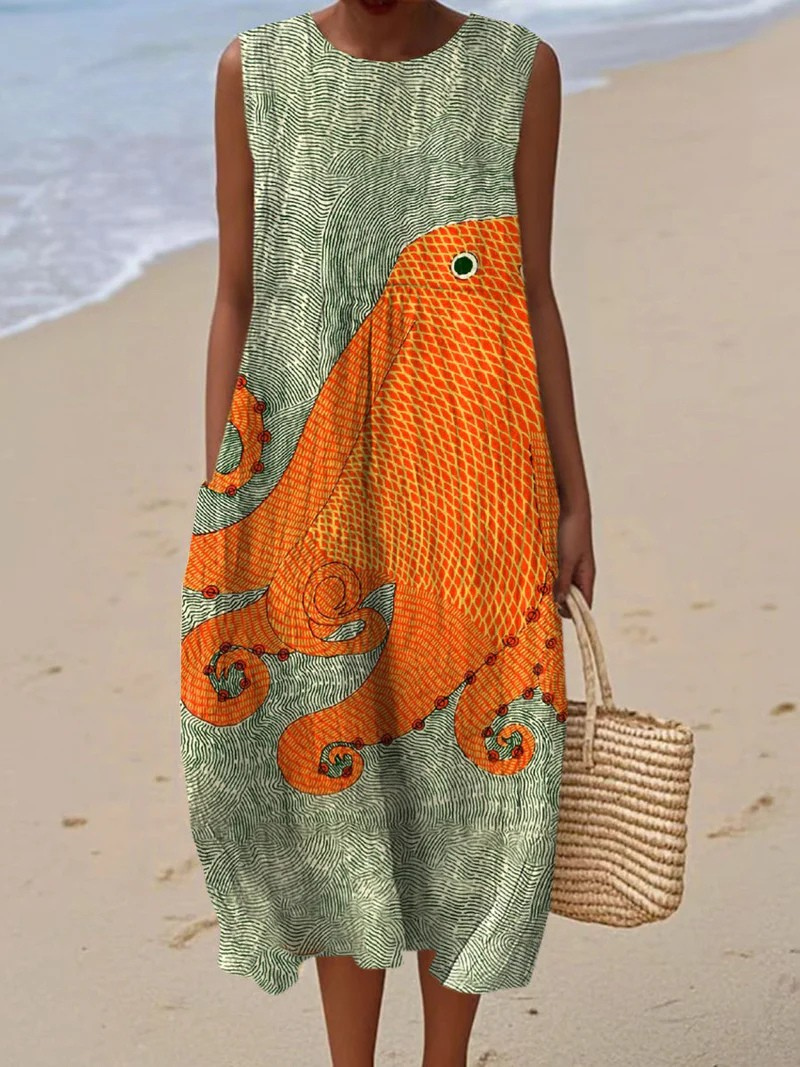 Künstlerisches Strandkleid für Damen mit Rundhalsausschnitt