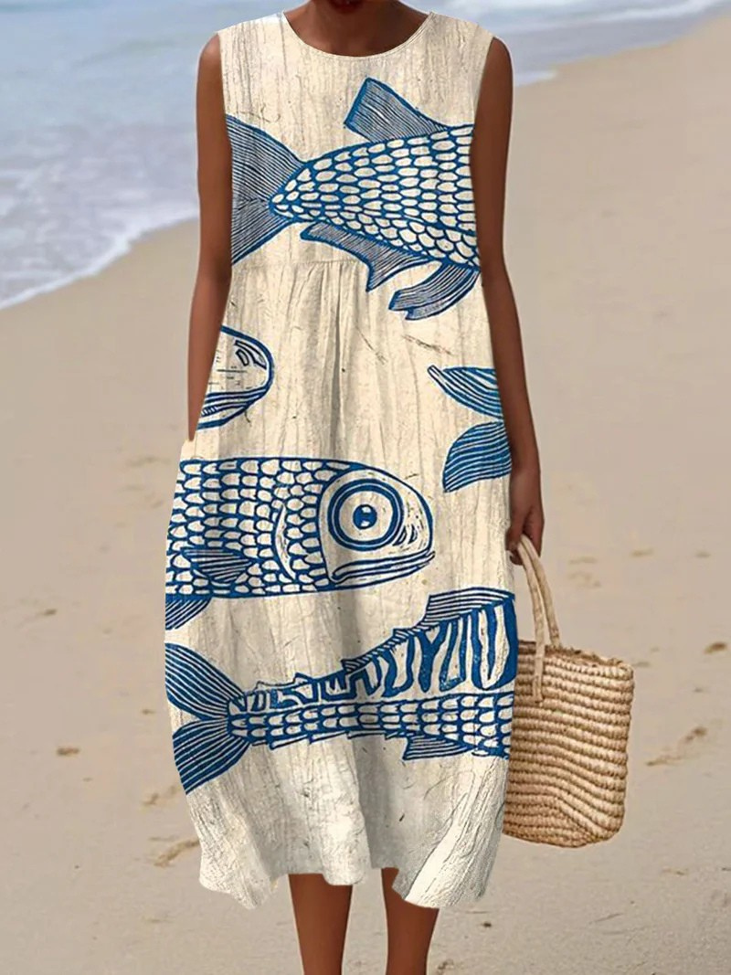 Künstlerisches Strandkleid für Damen mit Rundhalsausschnitt