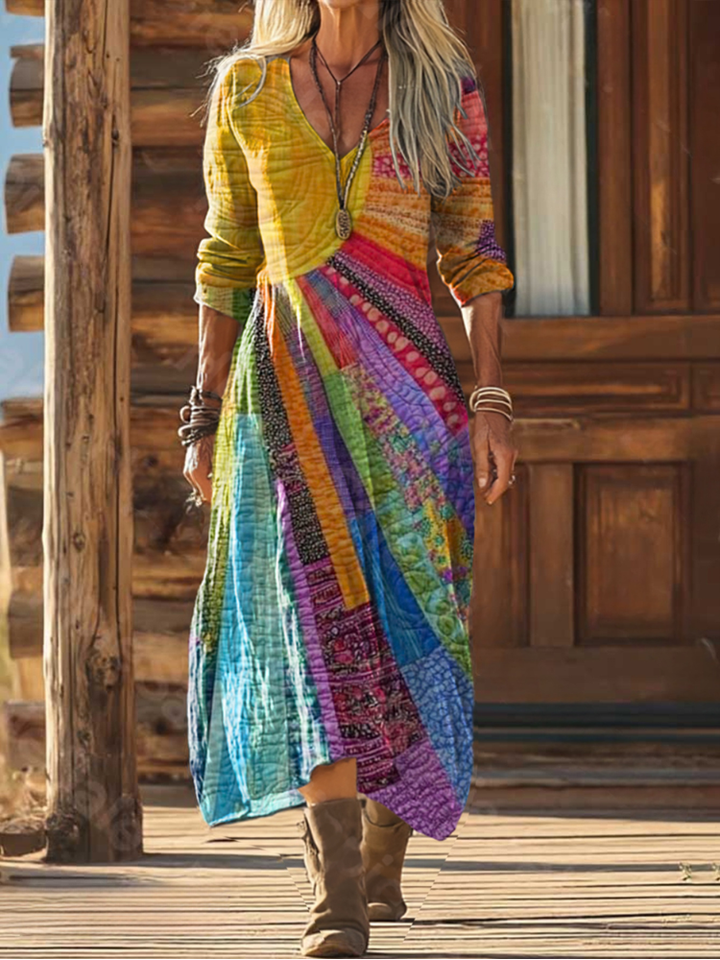 Boho-Chic Sonnenmuster Maxikleid für Damen mit V-Ausschnitt und langen Ärmeln