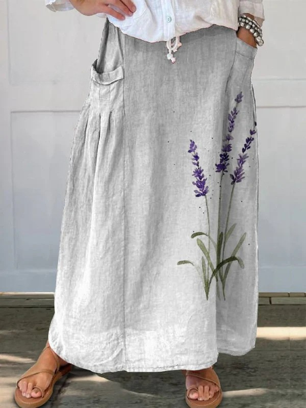 Wasserfarben Lavendel Floral Gedruckter Damen Rock mit Elastischem Bund und Taschen