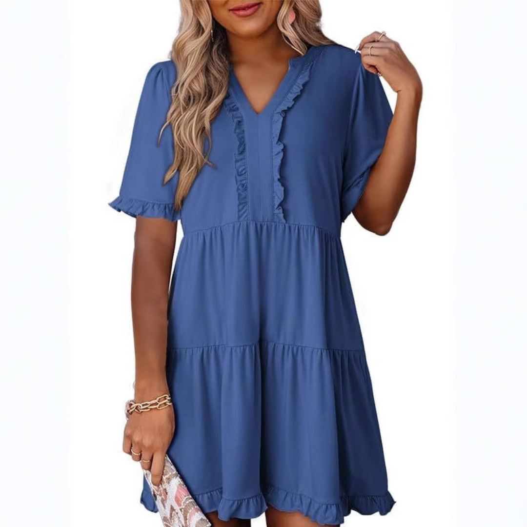Shaila | Lässiges V-Ausschnitt Mini-Kleid für Damen mit kurzen Ärmeln