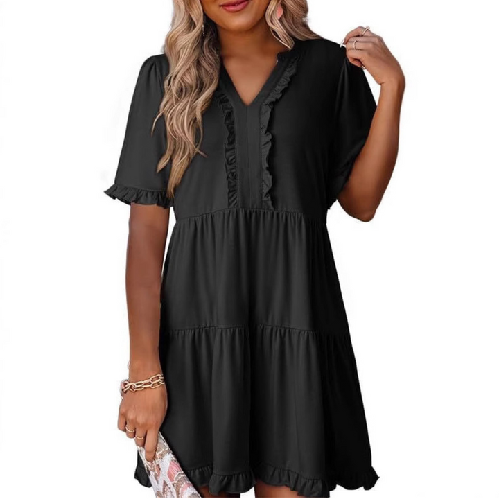 Shaila | Lässiges V-Ausschnitt Mini-Kleid für Damen mit kurzen Ärmeln