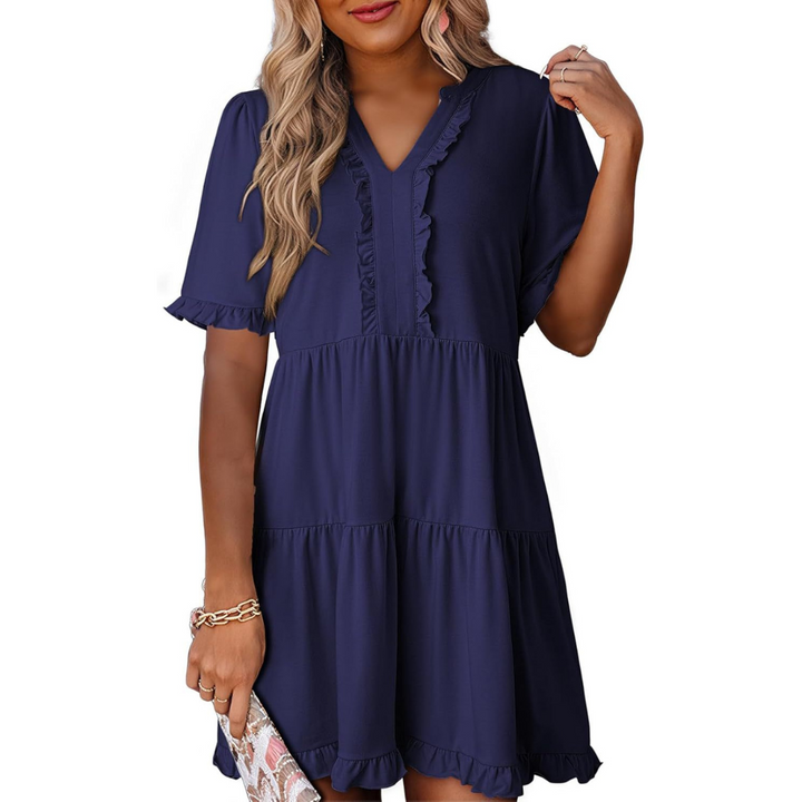 Shaila | Lässiges V-Ausschnitt Mini-Kleid für Damen mit kurzen Ärmeln