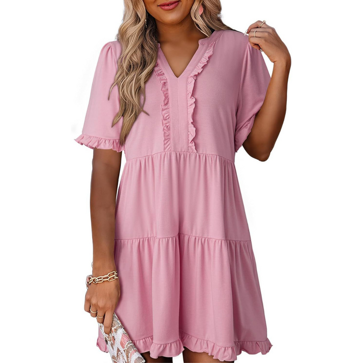 Shaila | Lässiges V-Ausschnitt Mini-Kleid für Damen mit kurzen Ärmeln