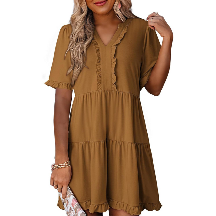 Shaila | Lässiges V-Ausschnitt Mini-Kleid für Damen mit kurzen Ärmeln