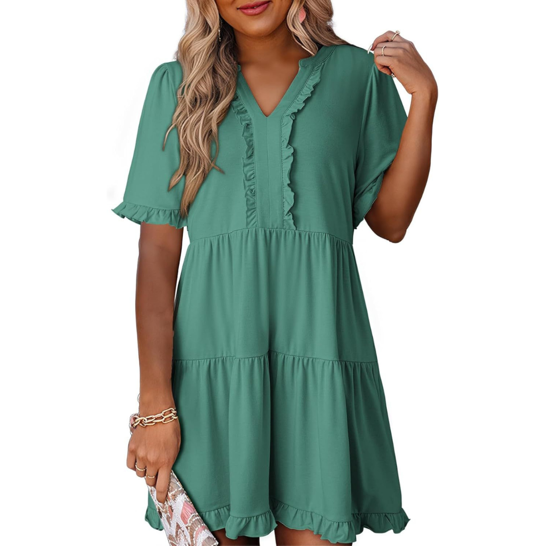 Shaila | Lässiges V-Ausschnitt Mini-Kleid für Damen mit kurzen Ärmeln