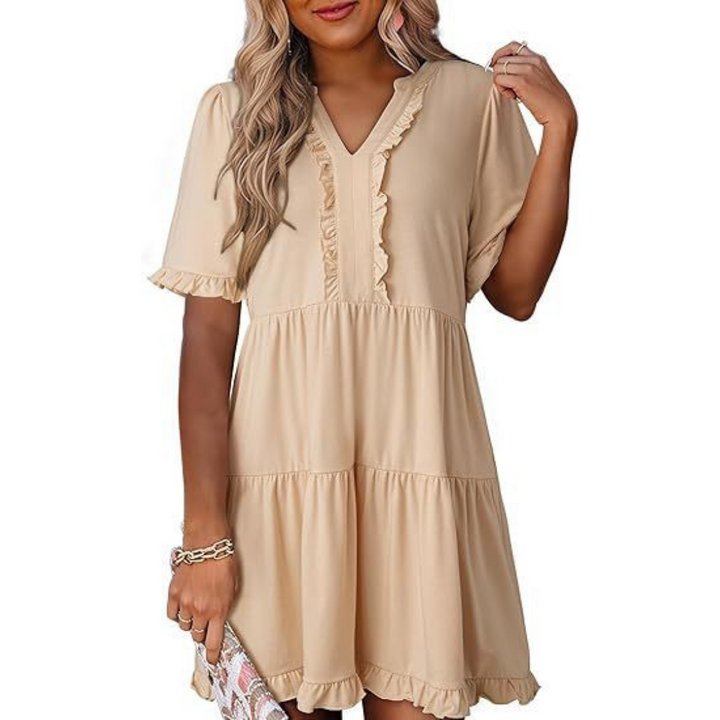 Shaila | Lässiges V-Ausschnitt Mini-Kleid für Damen mit kurzen Ärmeln