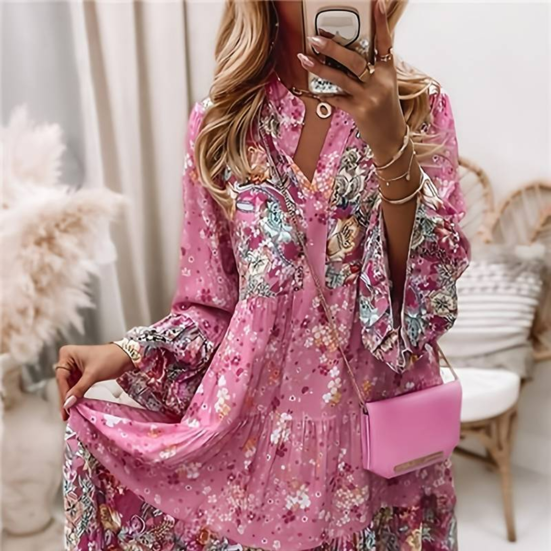 Ashley | Gedrucktes Boho-Kleid mit Blumenmuster und langen Ärmeln