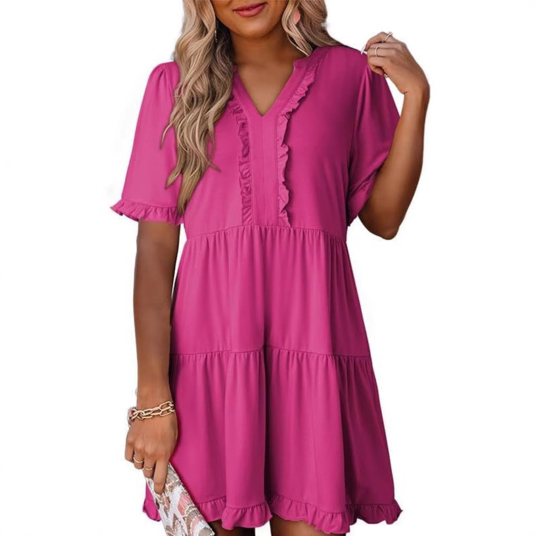 Shaila | Lässiges V-Ausschnitt Mini-Kleid für Damen mit kurzen Ärmeln