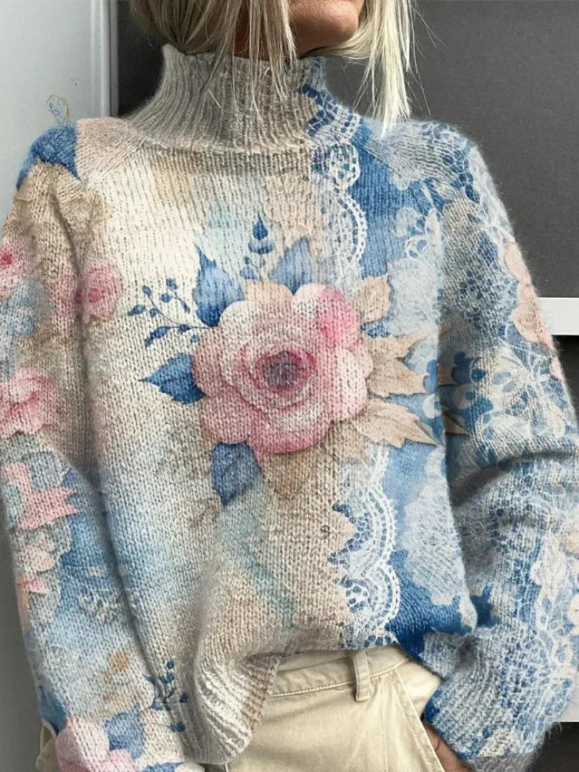 Roos | gestrickter Rollkragenpullover für Damen mit Blumenmuster und langen Ärmeln