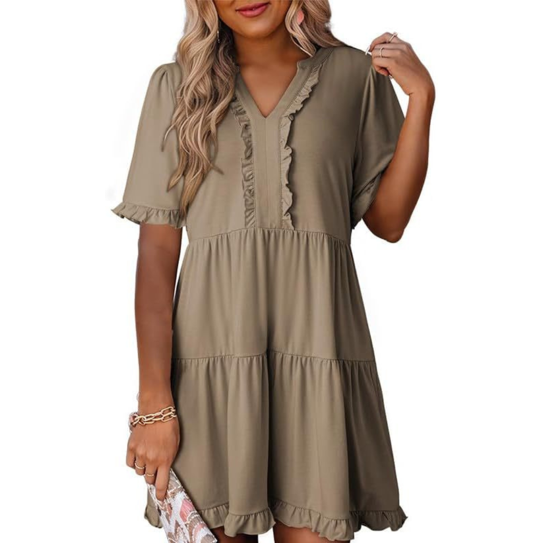 Shaila | Lässiges V-Ausschnitt Mini-Kleid für Damen mit kurzen Ärmeln