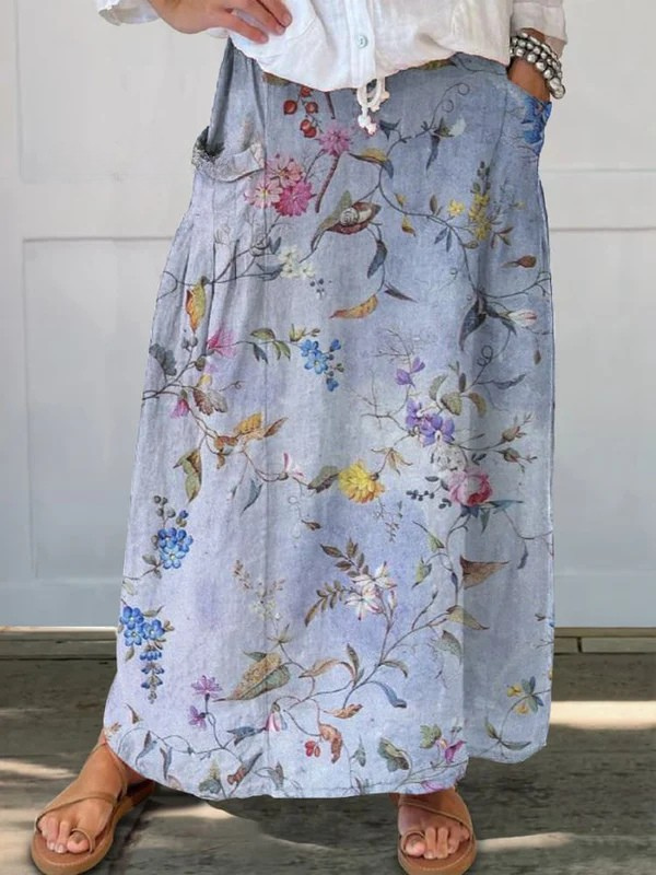 Eleganter Vintage Blau Druck Damen Taschenrock mit Blumenmuster