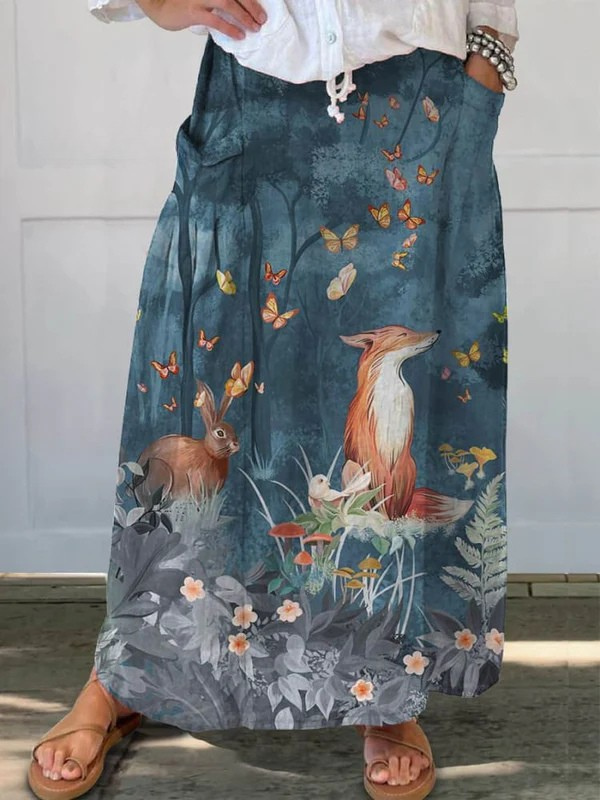 Damen Vintage Floral Tiere Kunstdruck Lässiger Tasche Rock
