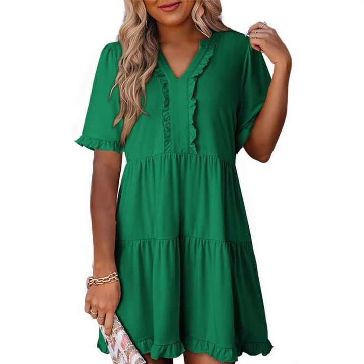 Shaila | Lässiges V-Ausschnitt Mini-Kleid für Damen mit kurzen Ärmeln