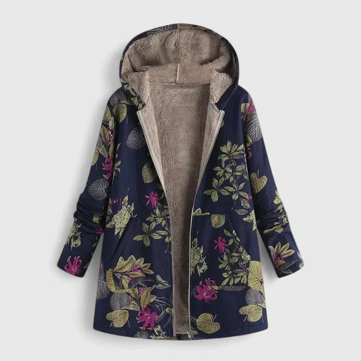 Flor | Bequeme Winterjacke für Damen mit Blumenmuster und Kapuze