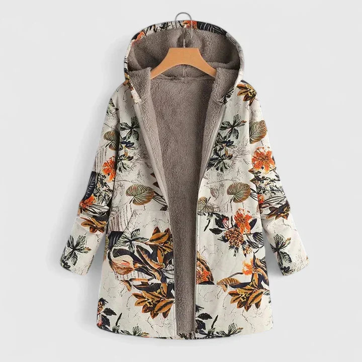 Flor | Bequeme Winterjacke für Damen mit Blumenmuster und Kapuze