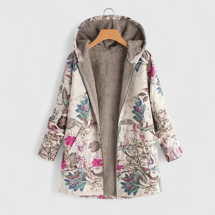 Flor | Bequeme Winterjacke für Damen mit Blumenmuster und Kapuze