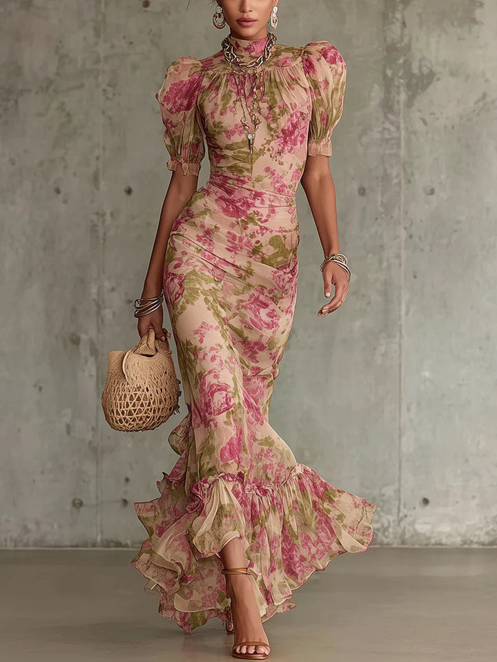 Mae | Retro Floral Puff Sleeve Maxi Kleid für Damen mit Rundhalsausschnitt