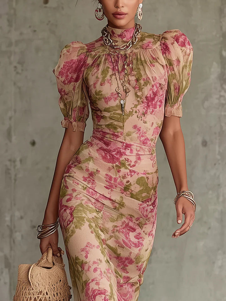 Mae | Retro Floral Puff Sleeve Maxi Kleid für Damen mit Rundhalsausschnitt