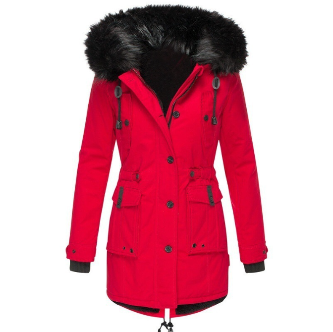 Damenparka mit Knöpfen, Kapuze und Taschen
