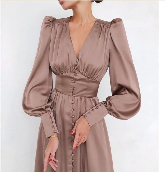 Hannah | Damen-Midikleid mit V-Ausschnitt und Knopfleiste