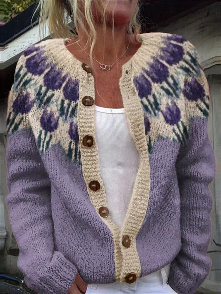 Josephine | Vintage Isländische Strickjacke für Damen mit Blumenmuster