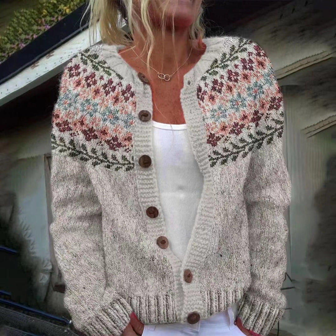 Madelyne | Vintage Isländische Strickjacke für Damen mit Blumenmuster