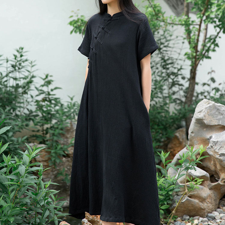 Damen Kurzarm Stehkragen Maxikleid mit Knöpfen