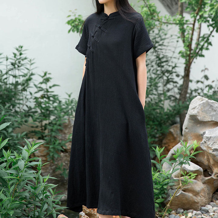 Damen Kurzarm Stehkragen Maxikleid mit Knöpfen