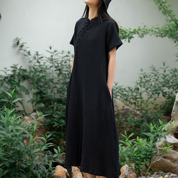 Damen Kurzarm Stehkragen Maxikleid mit Knöpfen