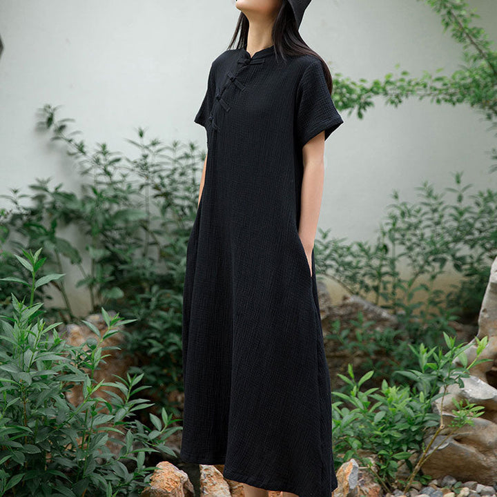 Damen Kurzarm Stehkragen Maxikleid mit Knöpfen