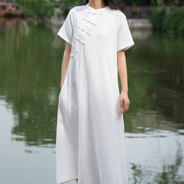 Damen Kurzarm Stehkragen Maxikleid mit Knöpfen