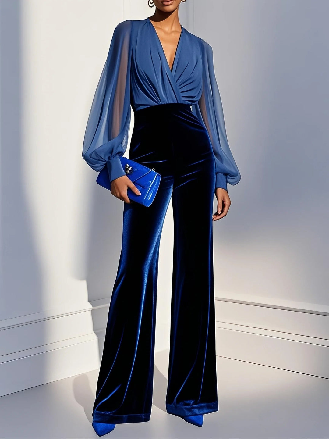 Jumpsuit für Damen mit langen Ärmeln und blauem Mesh-V-Ausschnitt