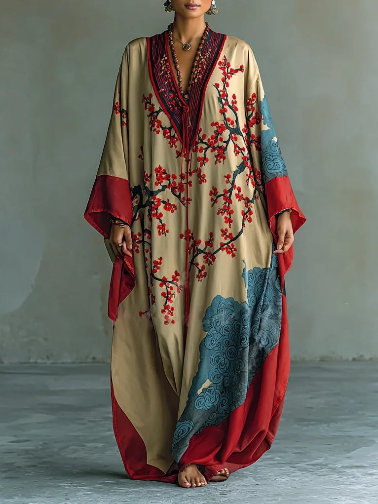 Maxi-Kleid für Damen mit Fledermausärmeln und japanischem Rot-Pflaumenblüten-Druck