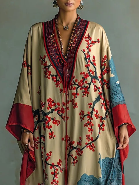 Maxi-Kleid für Damen mit Fledermausärmeln und japanischem Rot-Pflaumenblüten-Druck
