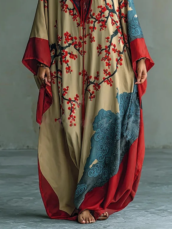 Maxi-Kleid für Damen mit Fledermausärmeln und japanischem Rot-Pflaumenblüten-Druck