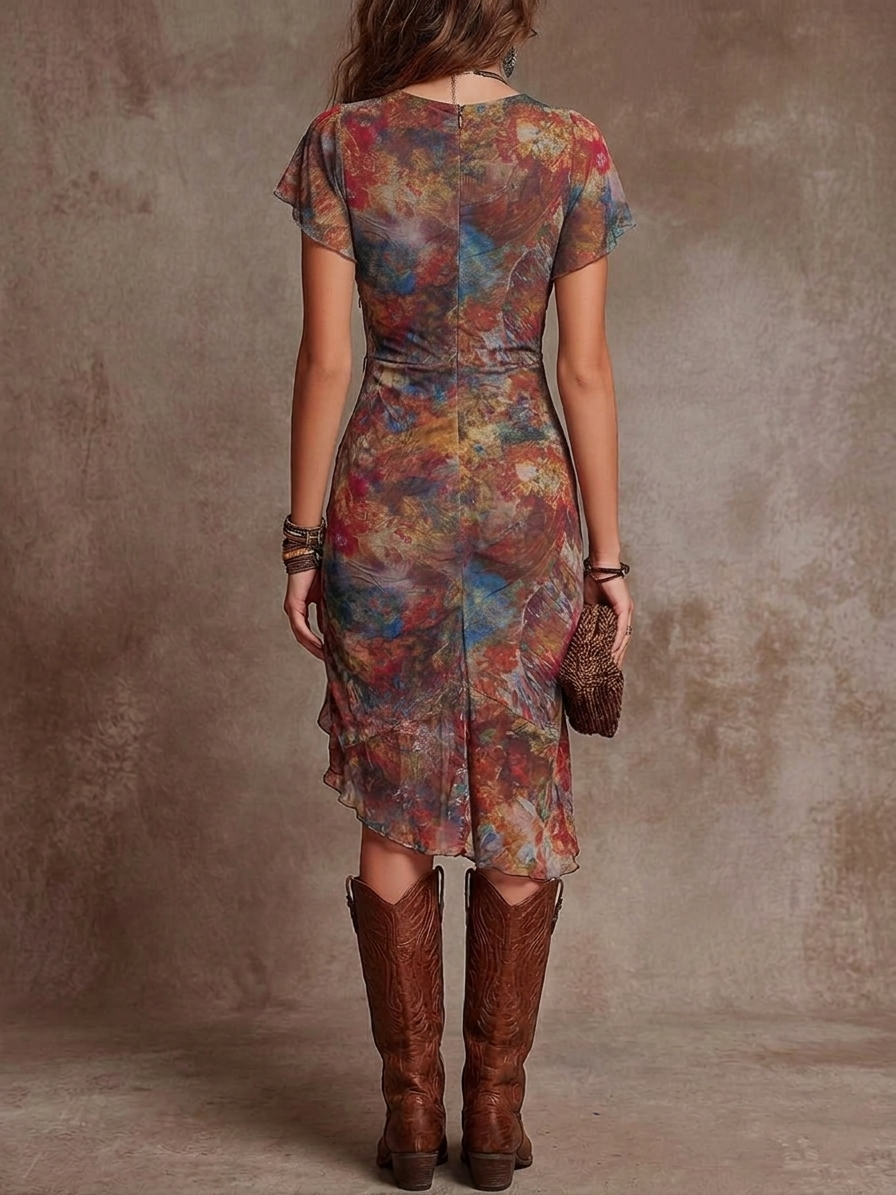 Judy | Abstraktes V-Ausschnitt Falten Midi-Kleid für Damen mit Bohemian Flair