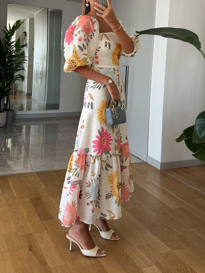 Camille | Elegantes Bloom Puff-Sleeve Midikleid für Damen