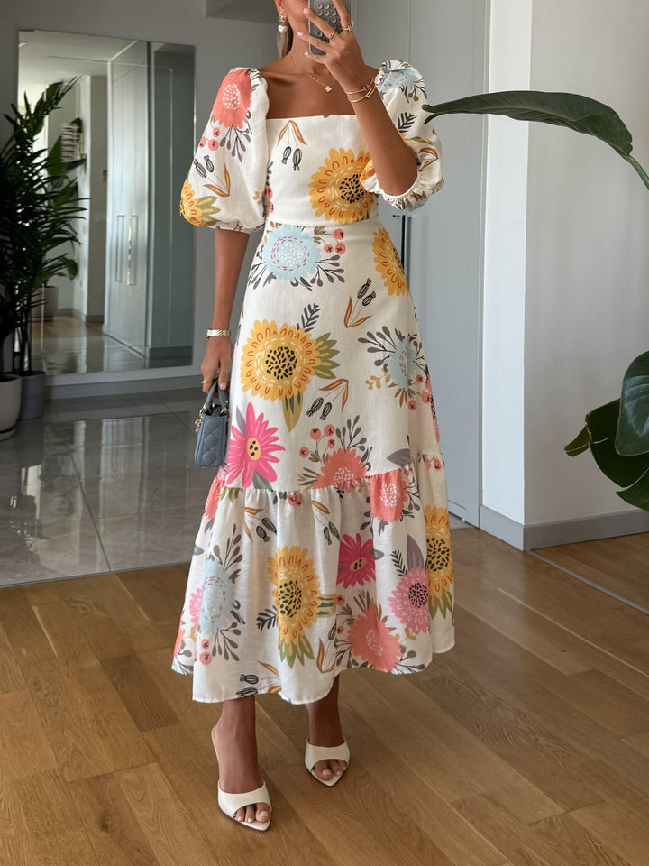 Camille | Elegantes Bloom Puff-Sleeve Midikleid für Damen