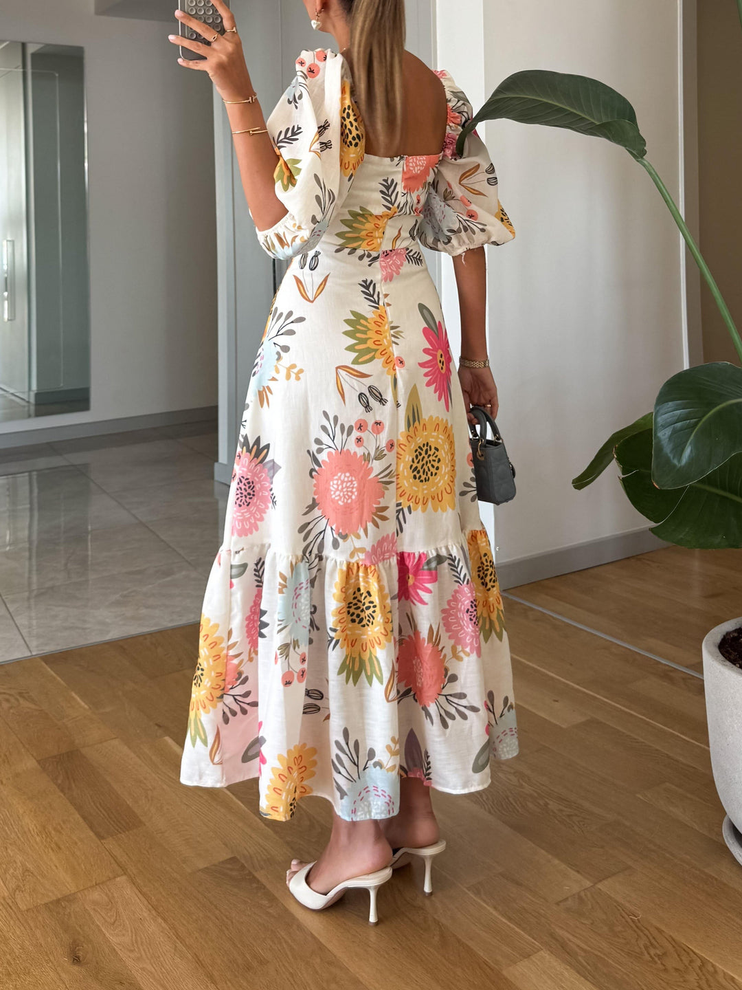 Camille | Elegantes Bloom Puff-Sleeve Midikleid für Damen